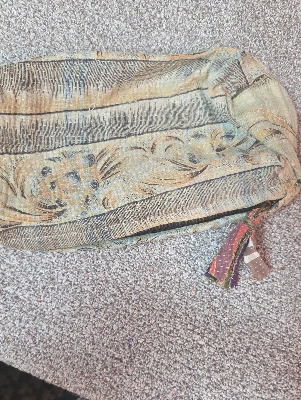 Kantha Boho Zip Pouch in Sage and Tan #84